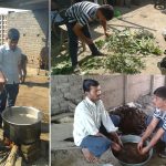 Farmers preparing and using organic fertilizer and pesticide